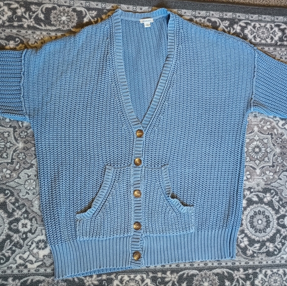 Sundance Womens Crochet Cardigan XL Blue Chunky Knit V Neck Button Front - Picture 3 of 14